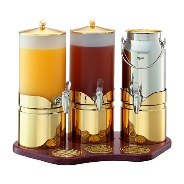 Диспенсер для сока и молока с полупрозрачными колбами «Gold» Frilich, 3x5 л, 63x39 см, H=49,5 см