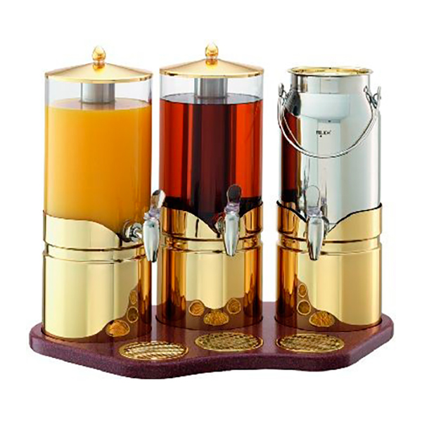 Диспенсер для сока и молока с прозрачными колбами «Gold» Frilich, 3x5 л, 63x39 см, H=49,5 см