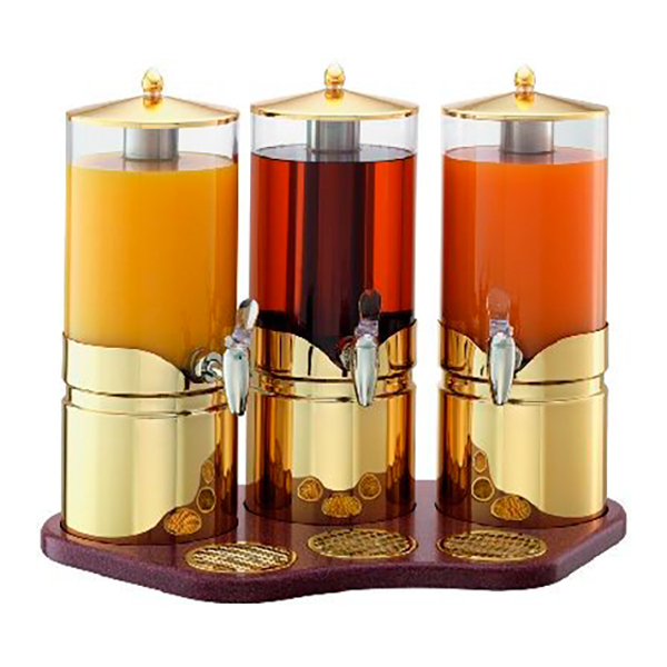 Диспенсер тройной для сока с прозрачными колбами «Gold» Frilich, 3x5 л, 63x39 см, H=49,5 см
